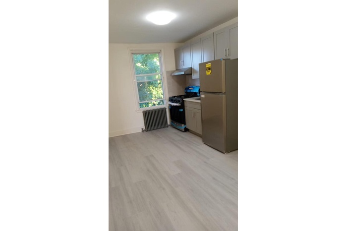 Kitchen with appliances with stainless steel finishes, radiator heating unit, and gray cabinets
