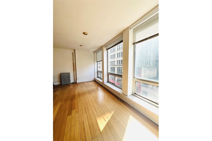 Empty room featuring healthy amount of natural light, hardwood / wood-style floors, radiator heating unit, and a baseboard radiator