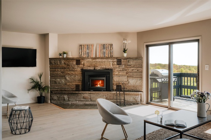 Living room featuring wood finished floors and a stone fireplace