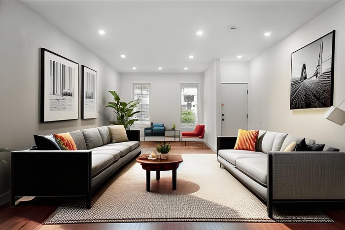 Living room featuring wood finished floors and recessed lighting