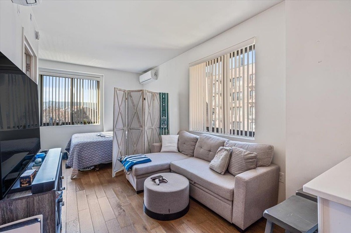 Living area featuring hardwood / wood-style floors and a wall unit AC