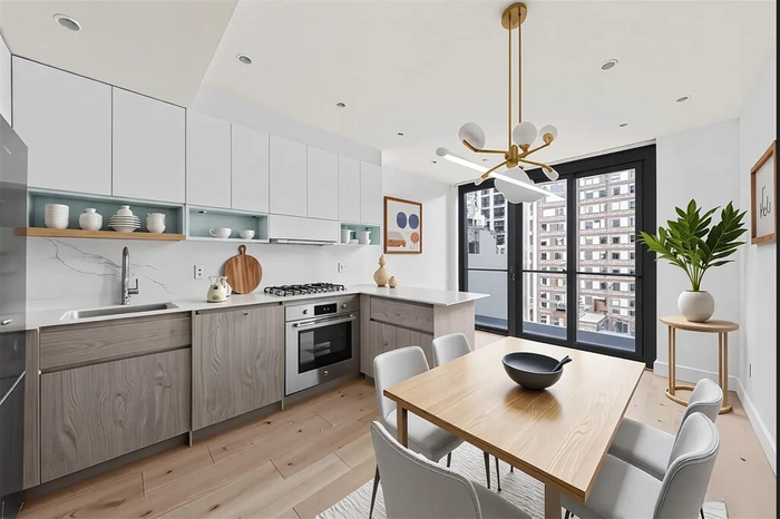 Kitchen with open shelves, light wood-style flooring, appliances with stainless steel finishes, a chandelier, and light countertops