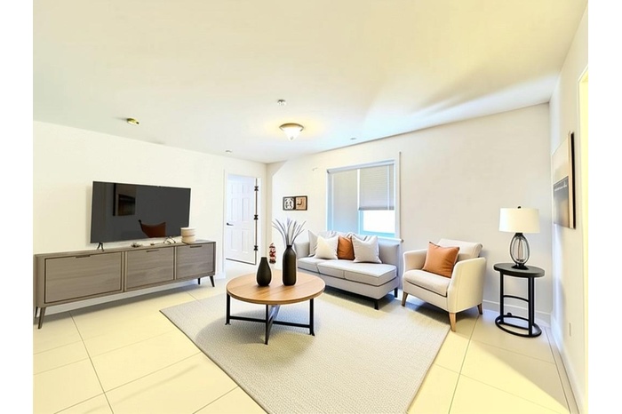Living room with light tile patterned floors and baseboards
