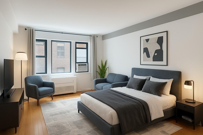 Bedroom featuring wood finished floors and cooling unit
