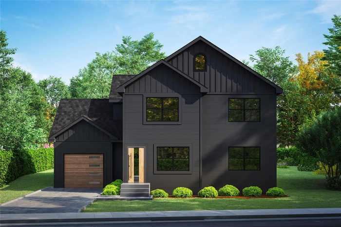 Modern inspired farmhouse featuring board and batten siding, a garage, asphalt driveway, a front yard, and roof with shingles