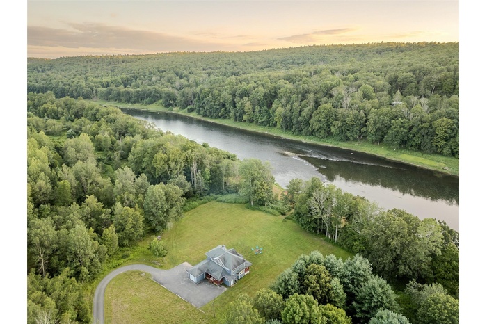 Aerial view at dusk of a forest view and a water view