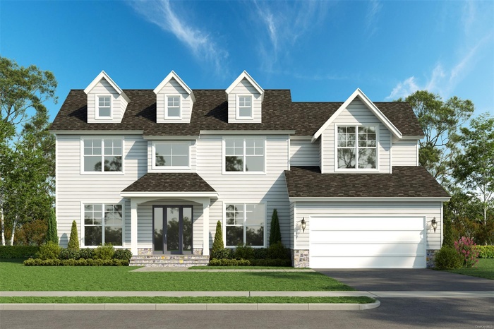 Colonial house featuring a front lawn, driveway, stone siding, an attached garage, and a shingled roof