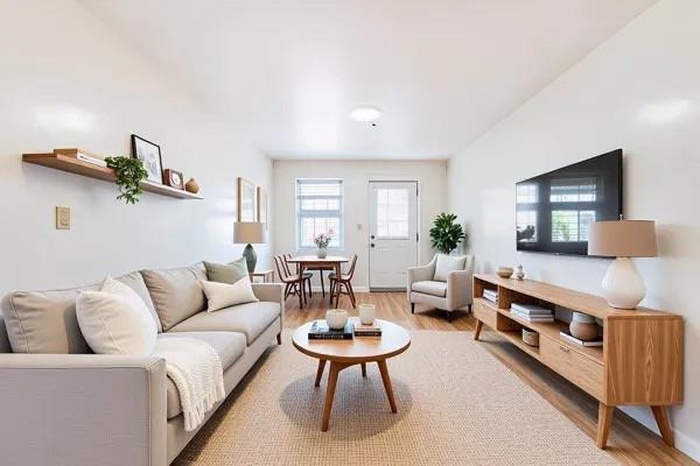 Living area with wood finished floors and baseboards