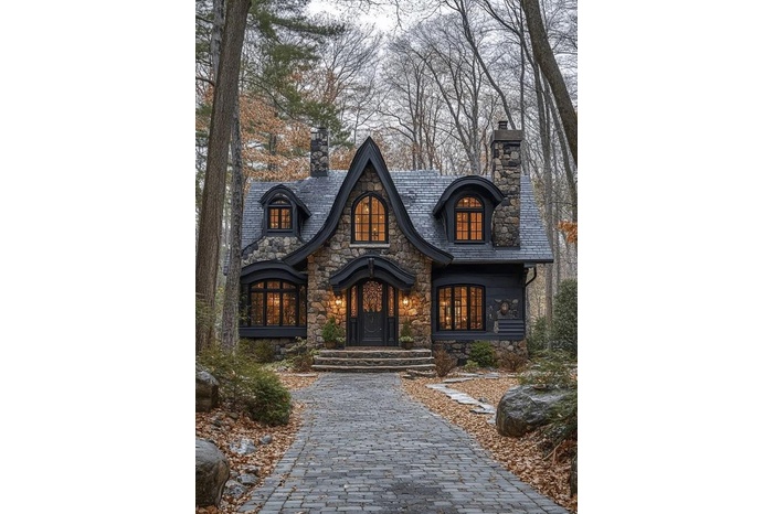 View of front of house featuring a high end roof, a chimney, and stone siding
