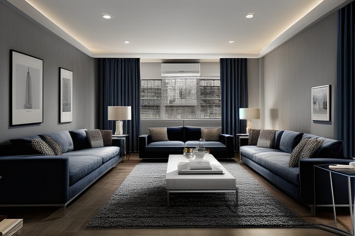 Living room with wood finished floors, recessed lighting, and a wall unit AC