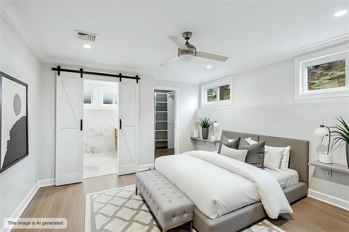 Bedroom with visible vents, a walk in closet, a barn door, recessed lighting, and light wood-style flooring