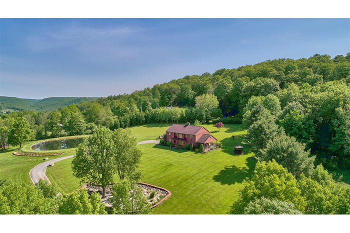 Sky view of the top pond and house
