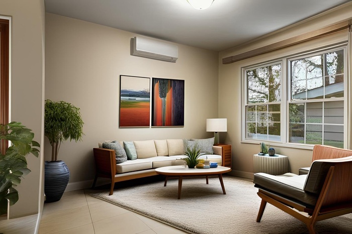 Living area featuring a wall mounted air conditioner and light tile patterned floors
