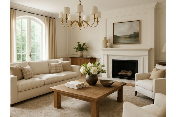 Living area with a decorative wall, a chandelier, ornamental molding, and a fireplace