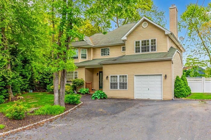 Traditional-style home featuring a chimney, driveway, and a garage