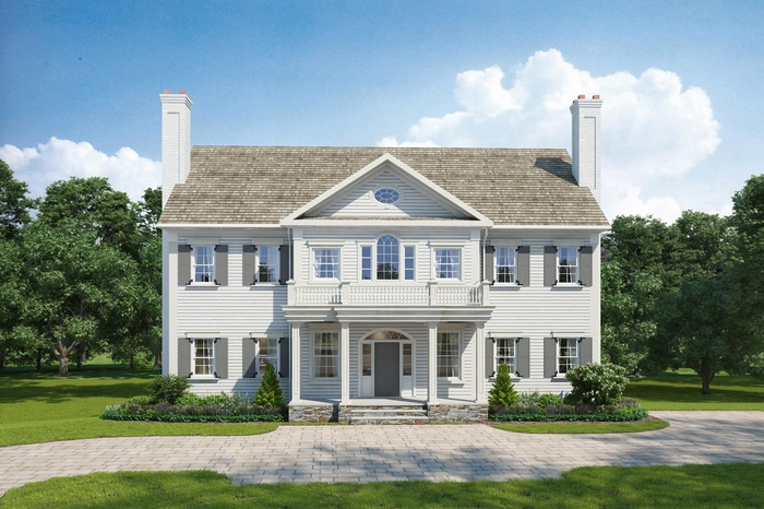 View of front of house with a porch, a front yard, a chimney, and a balcony