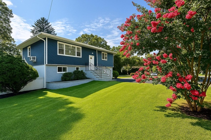 Raised ranch with a front yard and cooling unit