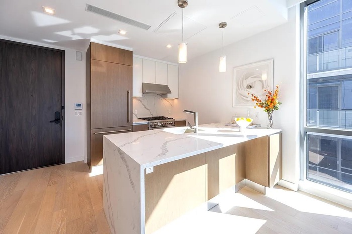 Kitchen featuring tasteful backsplash, under cabinet range hood, premium appliances, light wood-style floors, and modern cabinets