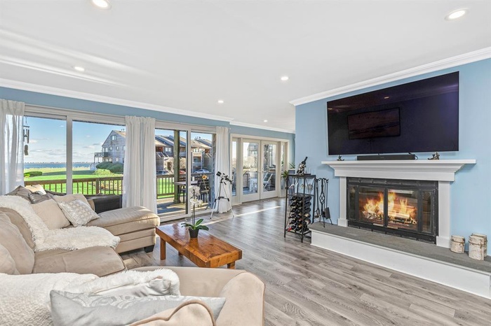 Living area with crown molding, wood finished floors, a glass covered fireplace, recessed lighting, and french doors
