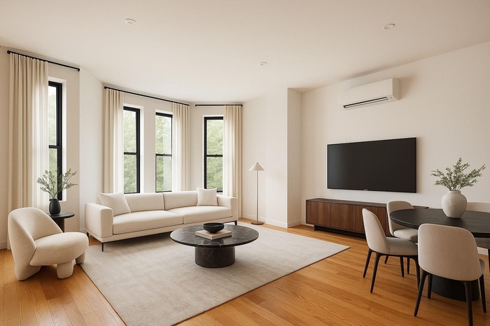Living room featuring an AC wall unit and light wood finished floors