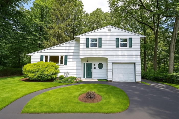 Tri-level home featuring driveway, a garage, and a front lawn