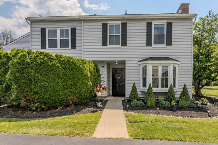 View of front of house featuring a chimney and a front yard