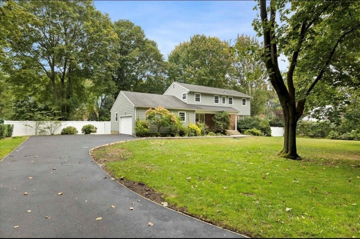 Traditional-style house with driveway, an attached garage, and view of scattered trees