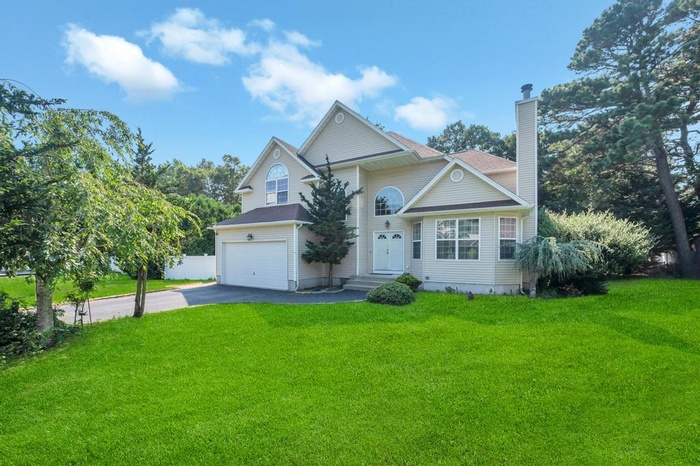 Traditional home with driveway, a chimney, a front lawn, and an attached garage