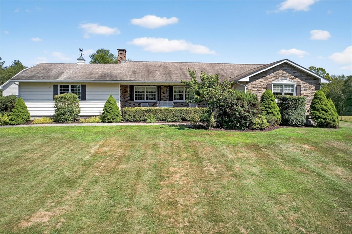 Ranch-style house featuring a chimney, a front lawn, and covered porch