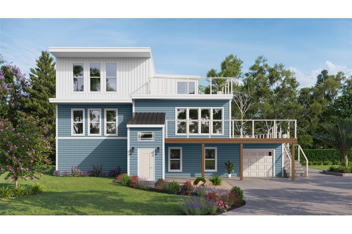 View of front of property with a standing seam roof, a front lawn, concrete driveway, a balcony, and metal roof this is a rendering