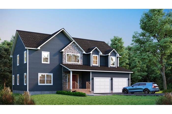 View of front facade featuring stone siding, an attached garage, aphalt driveway, and a front yard