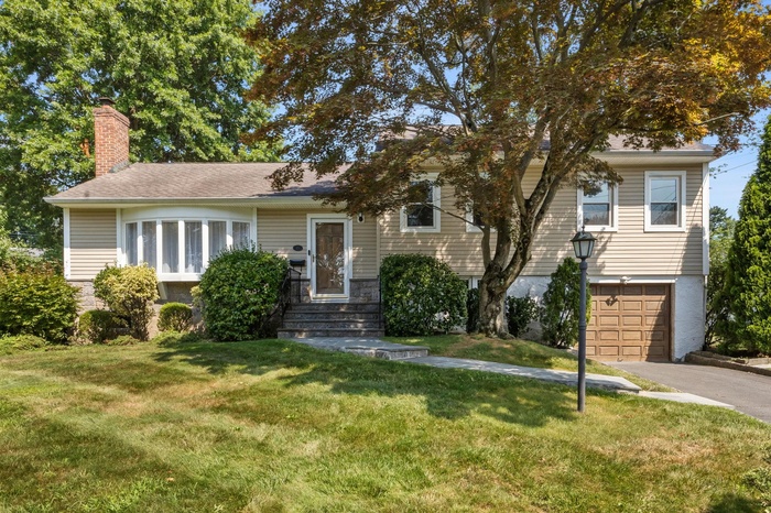 View of front facade featuring a chimney, a garage, a front yard, and driveway