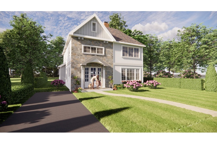 View of front of property featuring stone siding, a front yard, a chimney, roof with shingles, and board and batten siding