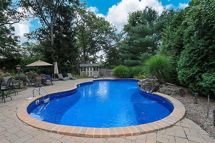 Outdoor pool with a patio and a shed