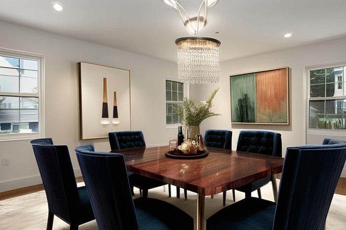 Dining space with recessed lighting, light wood-style floors, and a chandelier