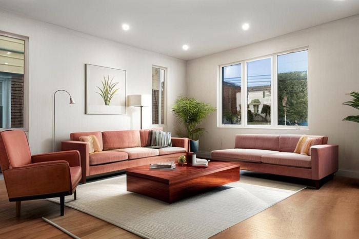 Living room with light wood-style flooring and recessed lighting