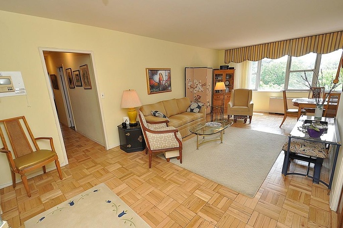 The large living room opens to both the dining area and entry foyer and has sunny Eastern tree top view.  The living room is 20'-0" x 12'-0"  plus the