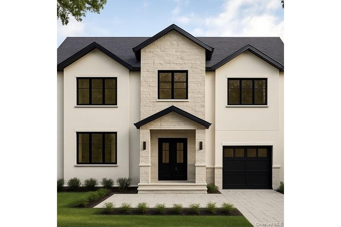 Modern inspired farmhouse with stone siding, an attached garage, stucco siding, and driveway