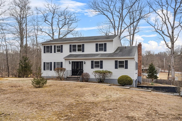 View of front of house featuring a chimney and a front lawn