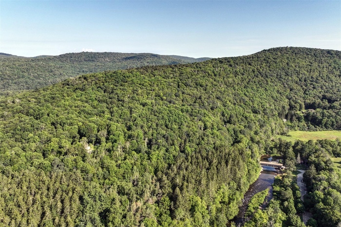 Aerial overview of property's location featuring mountains and a heavily wooded area