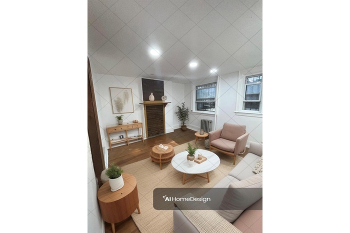 Living room with radiator and a fireplace