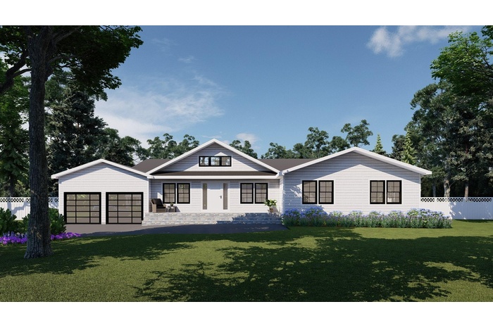 Modern inspired farmhouse featuring a garage, a front yard, and fence