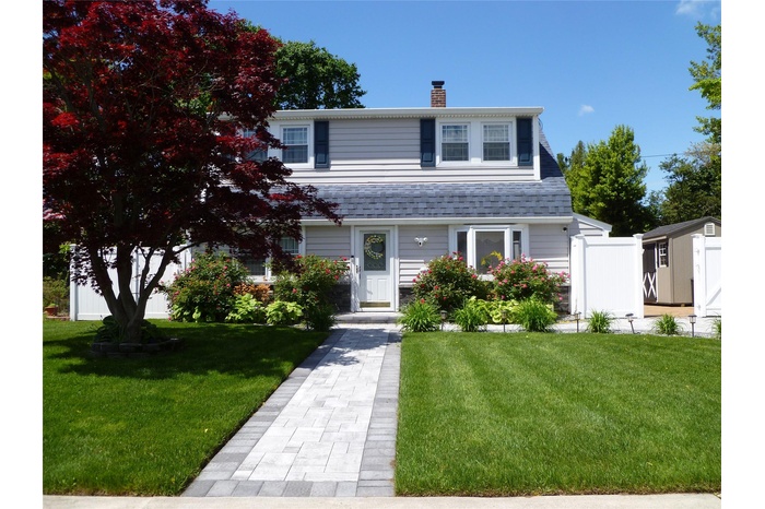 View of front facade featuring a chimney and a front yard