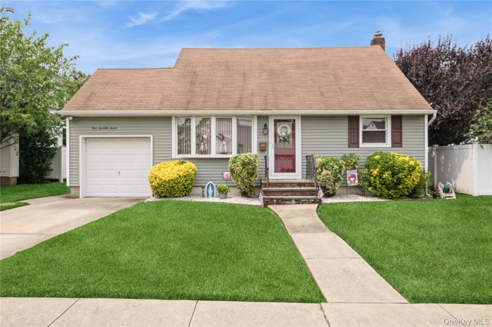 View of front of home featuring an attached garage, driveway, a chimney, entry steps, and roof with shingles