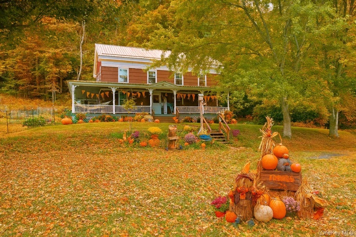 Back of property featuring covered porch, a metal roof, and a lawn