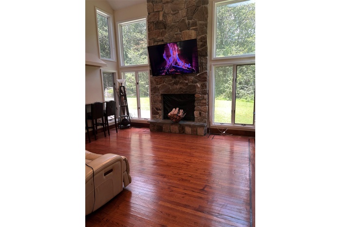 Living room featuring a stone fireplace, wood finished floors, and healthy amount of natural light