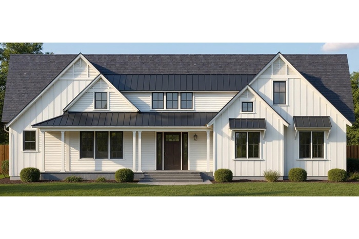 View of front of property with a standing seam roof, roof with shingles, and a metal roof