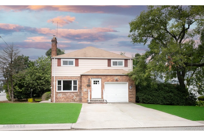 Traditional-style home with brick siding, a lawn, concrete driveway, a chimney, and an attached garage