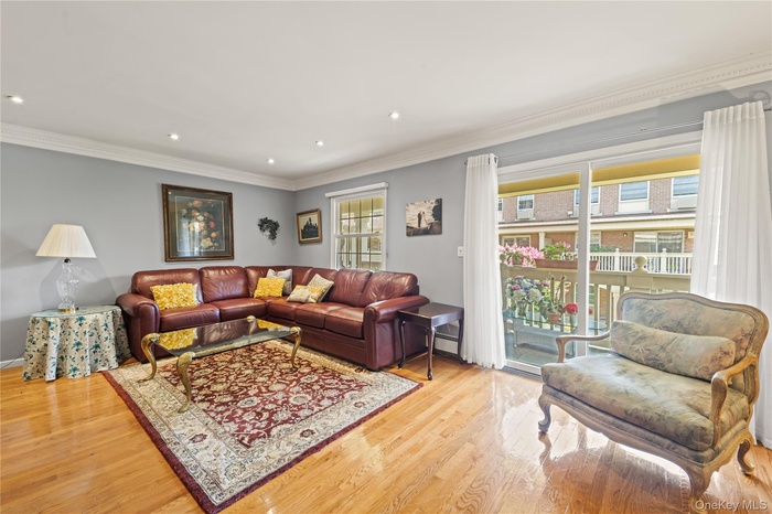 Living area with ornamental molding, light wood-style flooring, and recessed lighting
