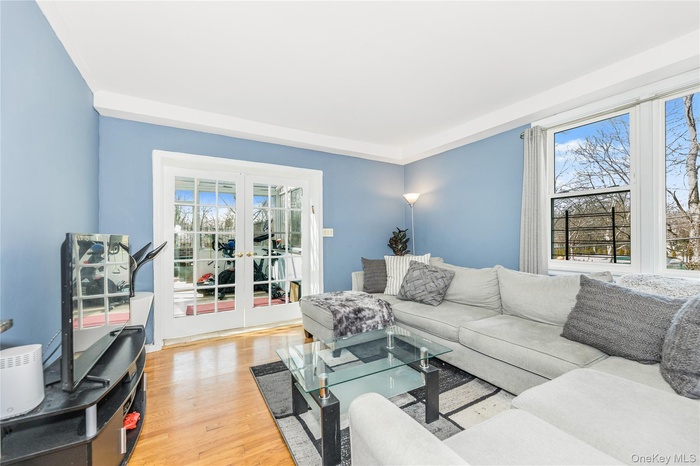 Living area with french doors, light wood finished floors, and plenty of natural light